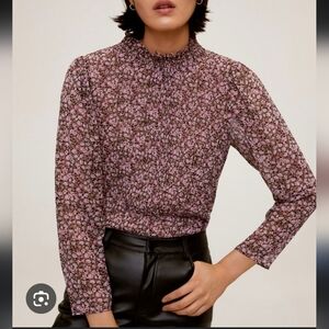 Mango Floral Mock Neck Pleated Accordion Top Blouse